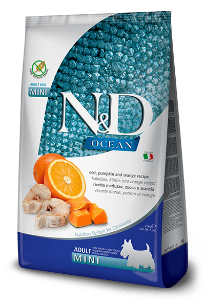 Farmina N&D Secco Cane Merluzzo, zucca e arancio Pumpkin Adulti Mini 2,5 kg - Il mio negozio
