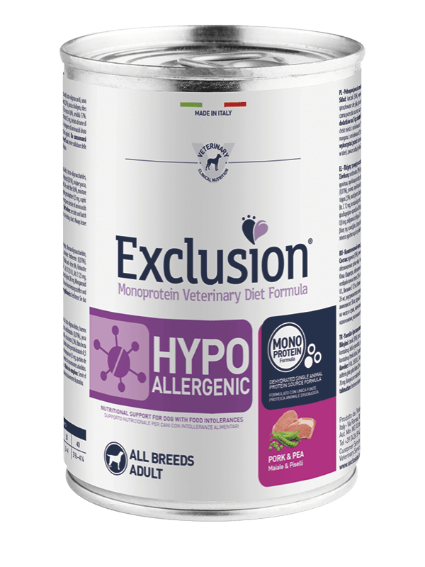 EXCLUSION HYPOALLERGENIC MONOPROTEIN – MAIALE E PISELLI ALL BREEDS 400 g - Il mio negozio