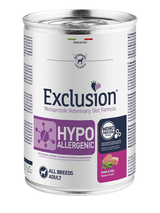 EXCLUSION HYPOALLERGENIC MONOPROTEIN – MAIALE E PISELLI ALL BREEDS 400 g - Il mio negozio