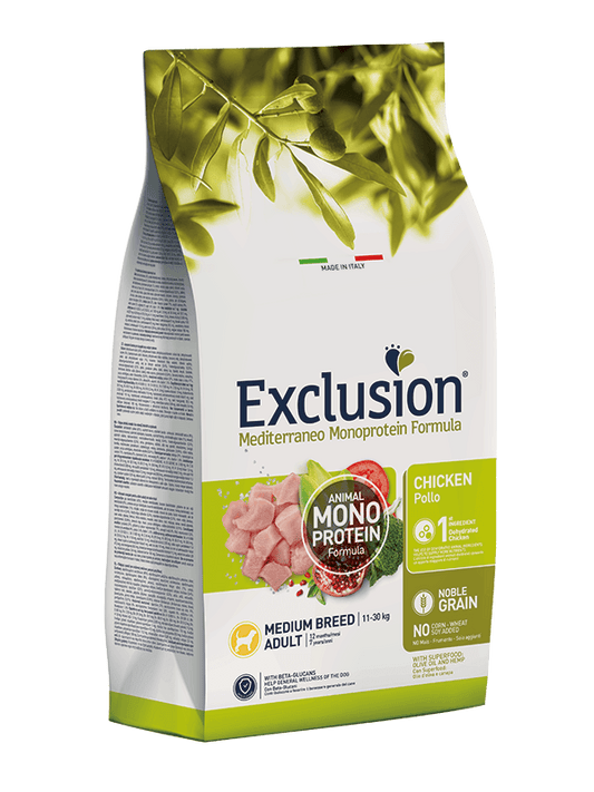 EXCLUSION MEDITERRANEO NOBLE GRAIN – POLLO ADULTO TAGLIA MEDIA 3 kg - Il mio negozio