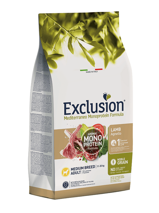 EXCLUSION MEDITERRANEO NOBLE GRAIN – AGNELLO ADULT TAGLIA MEDIA 3 kg - Il mio negozio