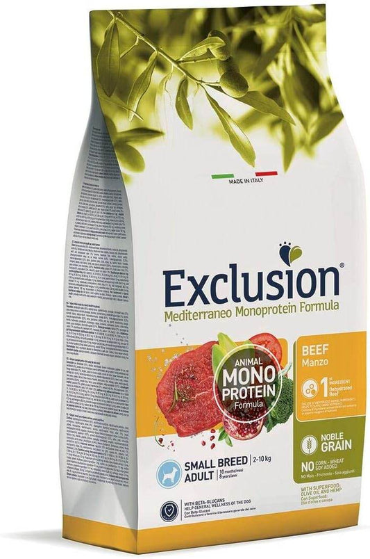EXCLUSION MEDITERRANEO MONOPROTEIN NOBLE GRAIN – MANZO ADULT SMALL BREED 2 kg - Il mio negozio