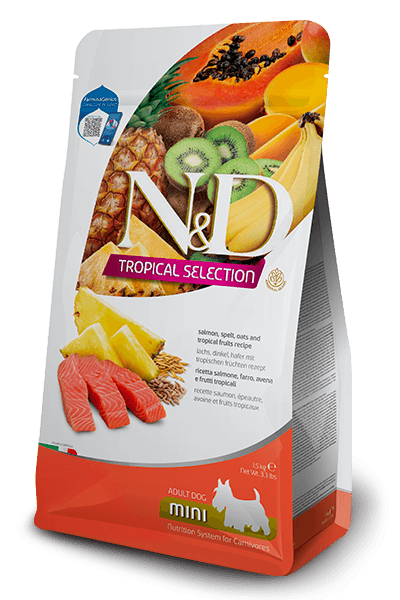 Farmina Secco Cane salmone, farro, avena e frutti tropicali Adulti Taglia Piccola 1,5 kg - Il mio negozio