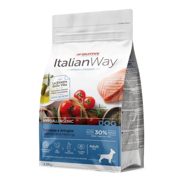 ITALIANWAY DOG ADULT MINI HYPOALLERGENIC – SALMONE E ARINGHE 1,5 KG - Il mio negozio