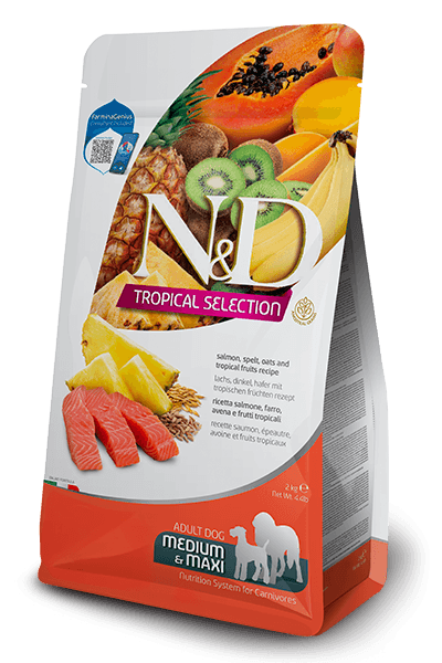 Farmina N&D Secco Cane Salmone, farro avena e frutti tropicali Adulti Medium-Maxi 2 kg - Il mio negozio