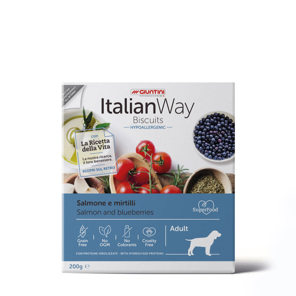 Biscotti Cane Adulto Italian Way 400 gr. Hypoallergenic Salmone e Mirtilli